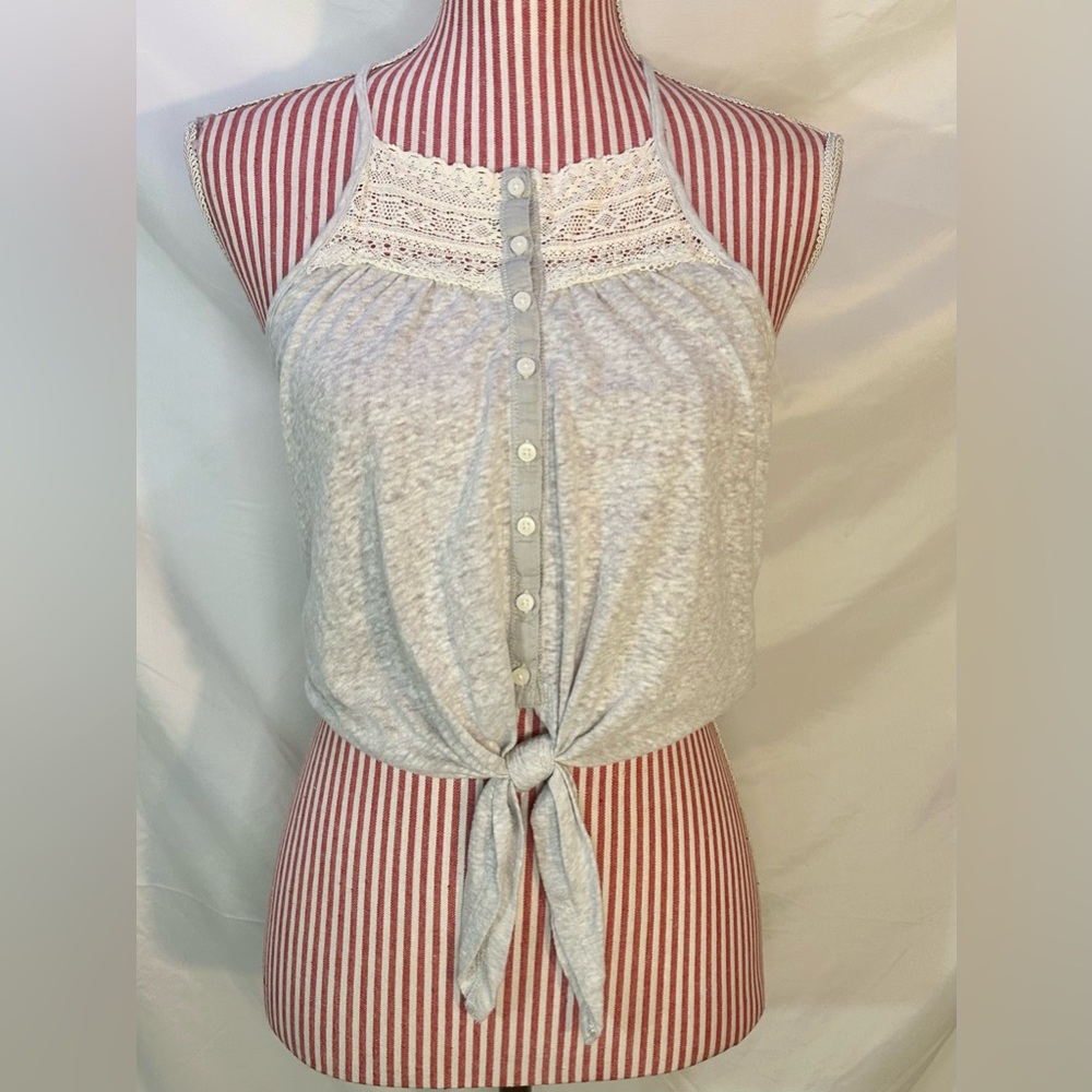 Abercrombie & Fitch Gray Heathered Lace Button Up Tank Top Tie Front Size Small